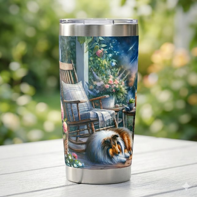 Sternenbelaubte Veranda Sheltie Traum Thermobecher (Starlit Garden Porch Sheltie Dream Insulated Tumbler)