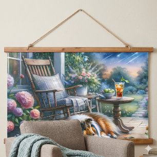 Sternenbelaubte Veranda Sheltie Traum Wandteppich Mit Holzrahmen