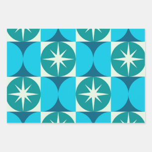 Sternenexplosionen im Mid-Century-Stil auf blauen  Geschenkpapier Set