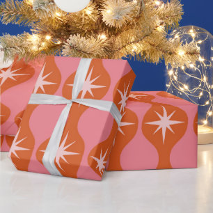Sternenexplosionen im Mid-Century-Stil auf orange- Geschenkpapier