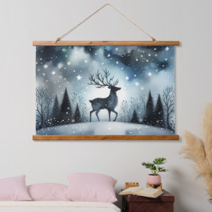 Sternenhafte Winternacht Hirsche Wandteppich Mit Holzrahmen