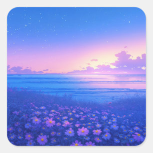 Sternenhimmel über einer lila Wildblumenwiese Quadratischer Aufkleber