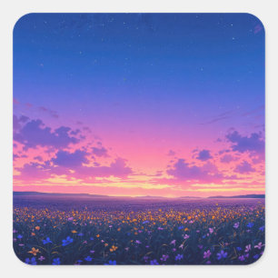 Sternenhimmel über violetten und gelben Wildblumen Quadratischer Aufkleber