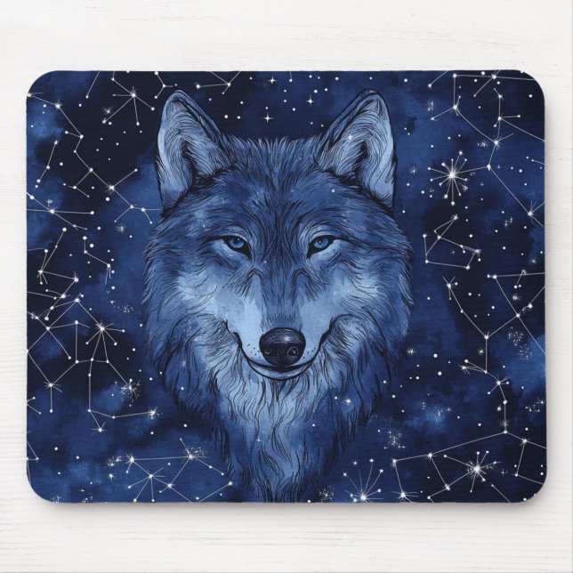 Sternenhimmelblauer Wolf Kosmos Mousepad (Vorne)