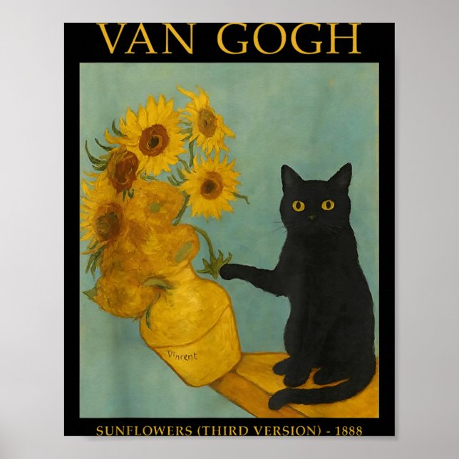 Sternenkunst Schwarze Katze mit Blumen Poster (Vorne)
