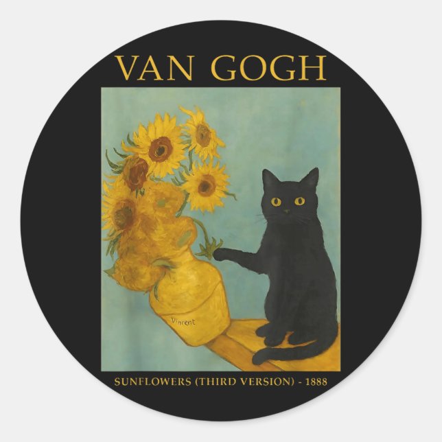 Sternenkunst Schwarze Katze mit Blumen Runder Aufkleber (Vorderseite)