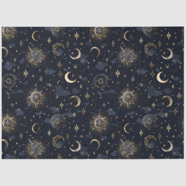 Sternenmond- und Sternengeschenkpapier Gold/Navy Seidenpapier (Vorderseite)