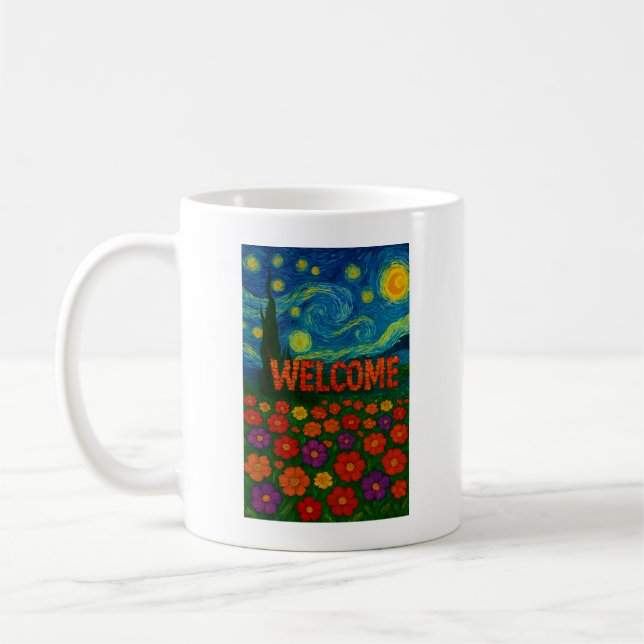 Sternennacht-Blumen-Willkommensdesign Kaffeetasse (Links)
