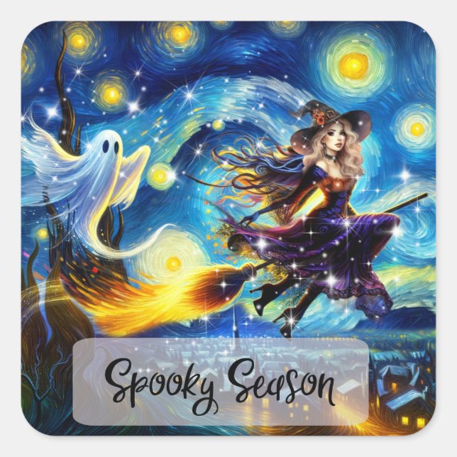 Sternennacht Hexen-Halloween-Design Quadratischer Aufkleber (Vorderseite)