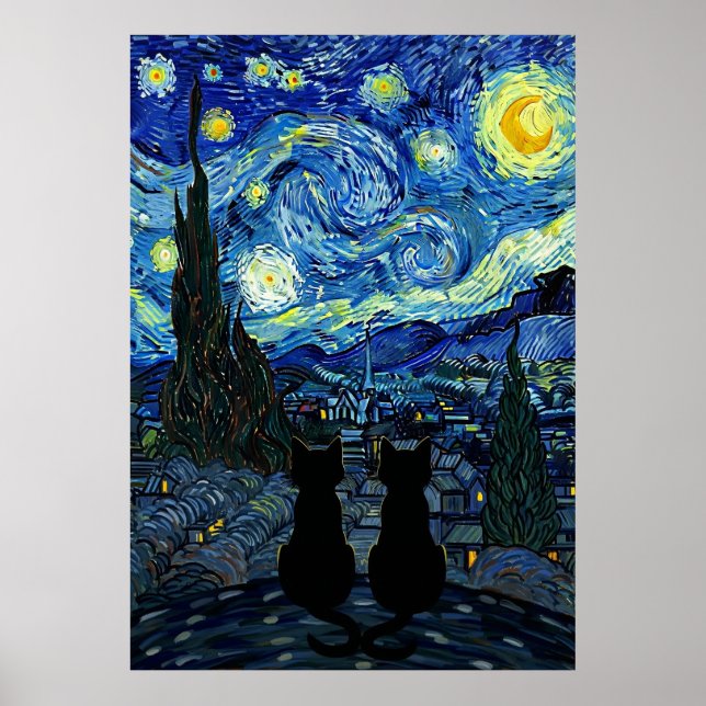 Sternennacht Katze Van Gogh inspiriert Sternenhimm Poster (Vorne)