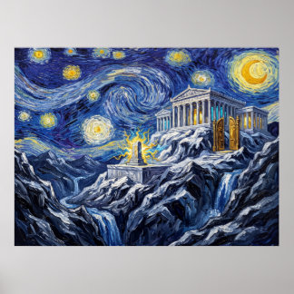 Sternennacht Landschaft des Mount Olympus aus der  Poster