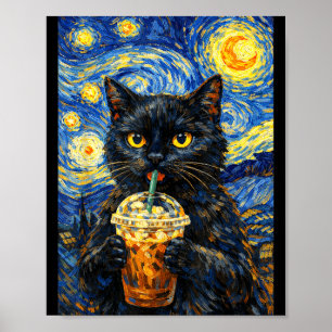 Sternennacht schwarze Katze Kaffee Van Gogh Stil l Poster
