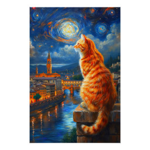 Sternennacht über Florenz Ginger Cat Art Poster