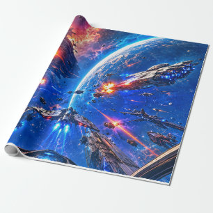 Sternenschiff-Schlacht über einem blauen Planeten Geschenkpapier