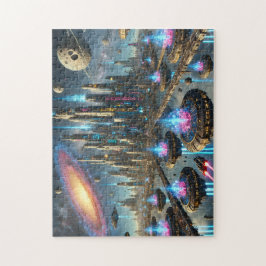 Sternenstädtische futuristische Neon-Stadtlandscha Puzzle