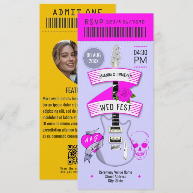 Sternenstaub Pop Rock ’n’ Roll Hochzeitsticket Einladung (Vorne/Hinten)