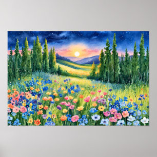 Sternenübersäte Wildblumenwiese im Morgengrauen Poster