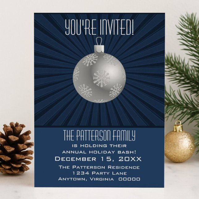 Sternexplosion Streifen Ornament Feiertag Party Du Einladung (Blue Starburst Stripes Ornament Holiday Party Invitation)