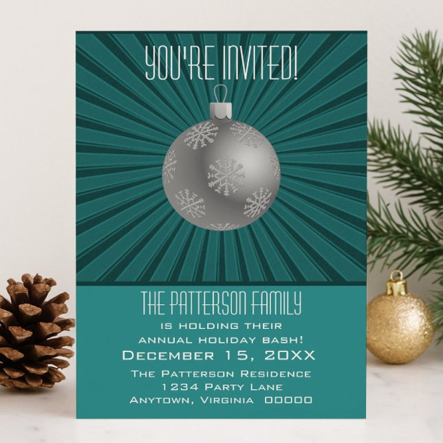 Sternexplosion Stripes Ornament Festlichkeit, Aqua Einladung (Teal Starburst Stripes Ornament   Holiday Party Invitation)