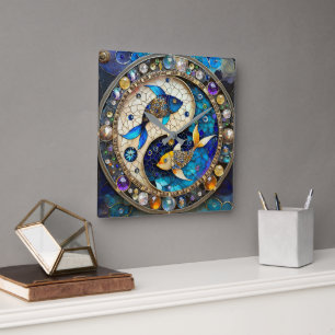 Sternzeichen - Fische Yin und Yang Quadratische Wanduhr
