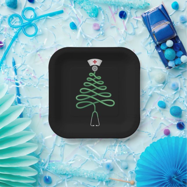 Stethoscope Christmas Tree Nurse Scrub Xmas Pappteller (Party)