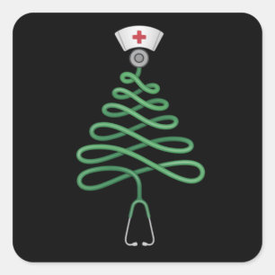 Stethoscope Christmas Tree Nurse Scrub Xmas Quadratischer Aufkleber