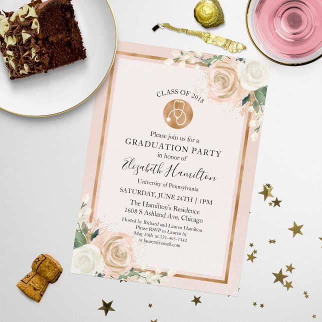 Stethoscope Nursing School Grad Party Foto Floral Einladung (Von Creator hochgeladen)