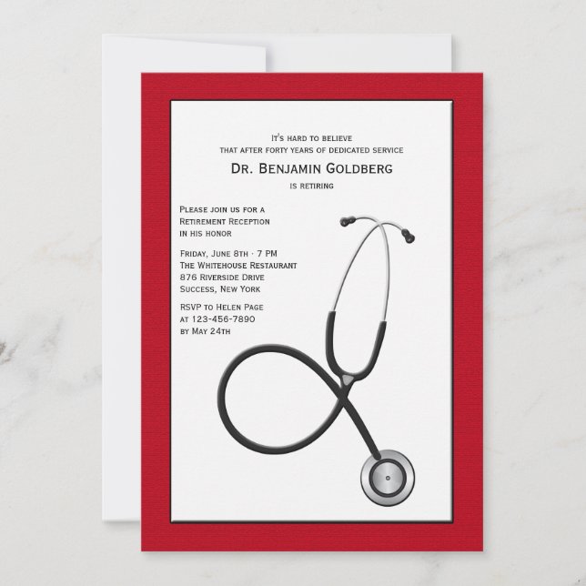 Stethoskop mit Red Border Medical Retirement Inv Einladung (Vorderseite)