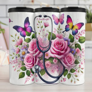 Stethoskop Rosen Schmetterlinge Elegante Krankensc Thermosbecher