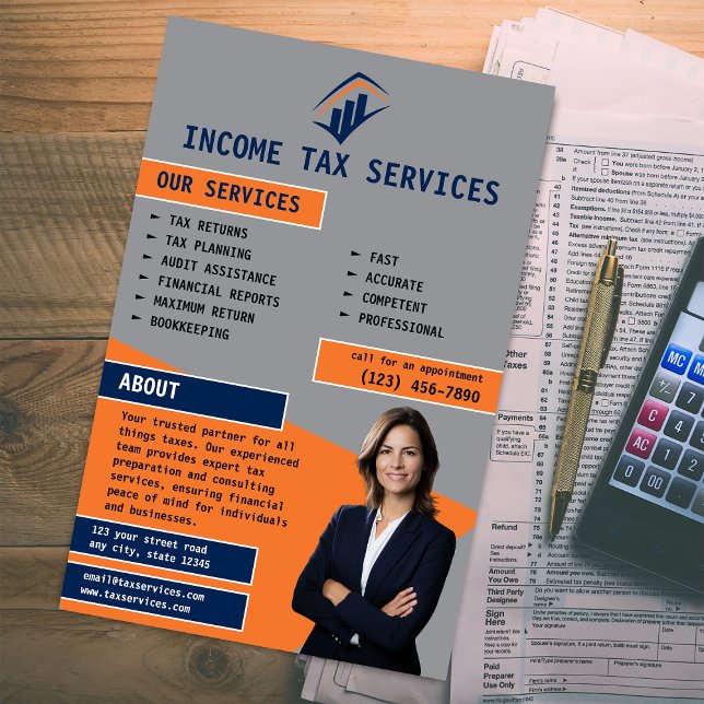 Steuergesellschaft Flyer (Modern Geometric Style Tax Services Business Flyer - Grey, Blue, Orange)