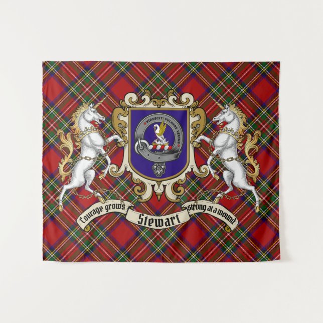 Stewart Clan Abzeichen & Unicorns w/Tartan Wandteppich (Vorderseite (Horizontal))