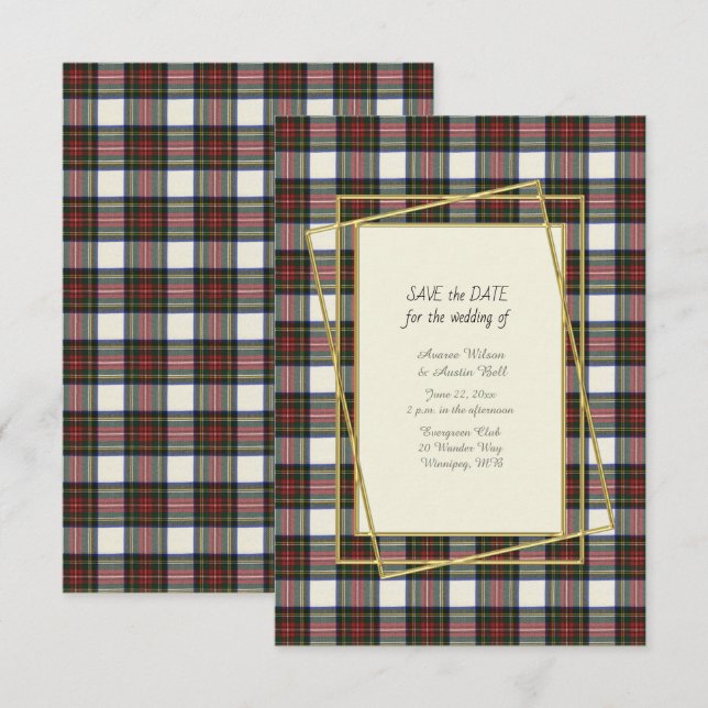 Stewart Dress Modern Tartan mit Goldrahmen Save The Date (Vorne/Hinten)