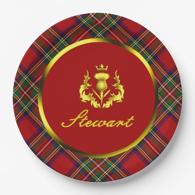 Stewart Tartan & Gold Crowned Thistle Pappteller (Vorderseite)