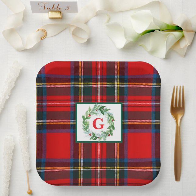 Stewart Xmas Kariert MONOGRAM Handbemalt Wreath SQ Pappteller (Hochzeit)