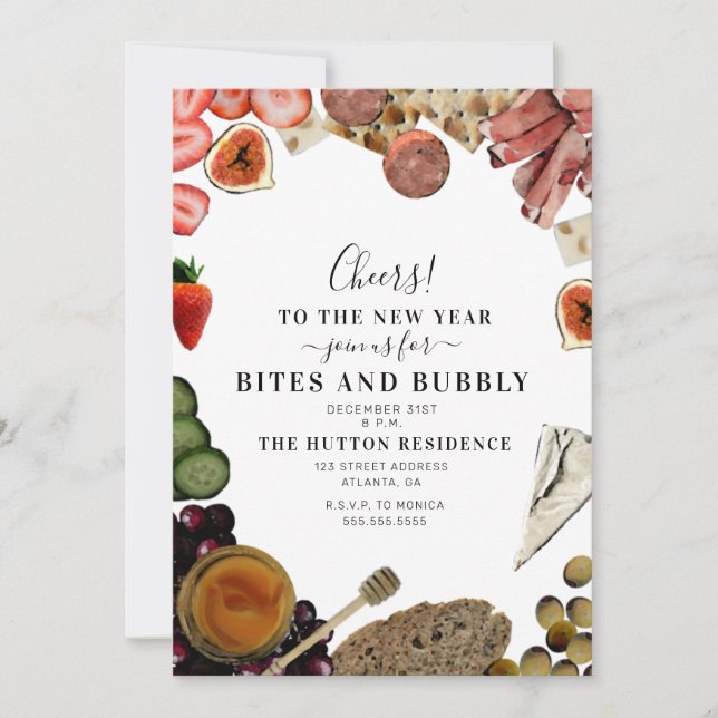 Stiche und bubbly Charcuterie Silvester Party Einladung (Vorderseite)