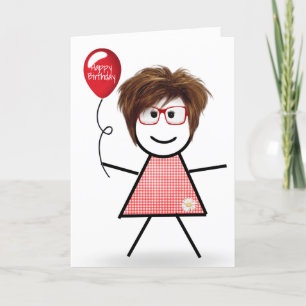 Stick Birthday Gingham Girl mit Red Balloon Karte