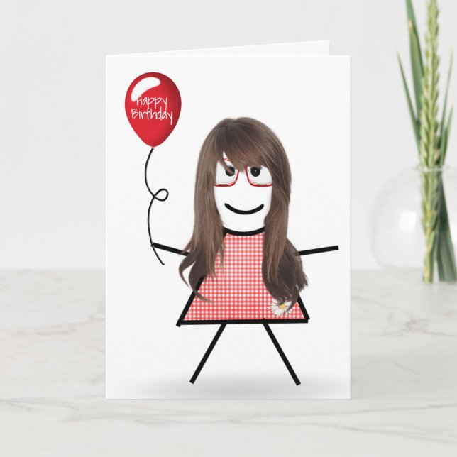 Stick Birthday Gingham Girl mit Red Balloon Karte (Vorderseite)