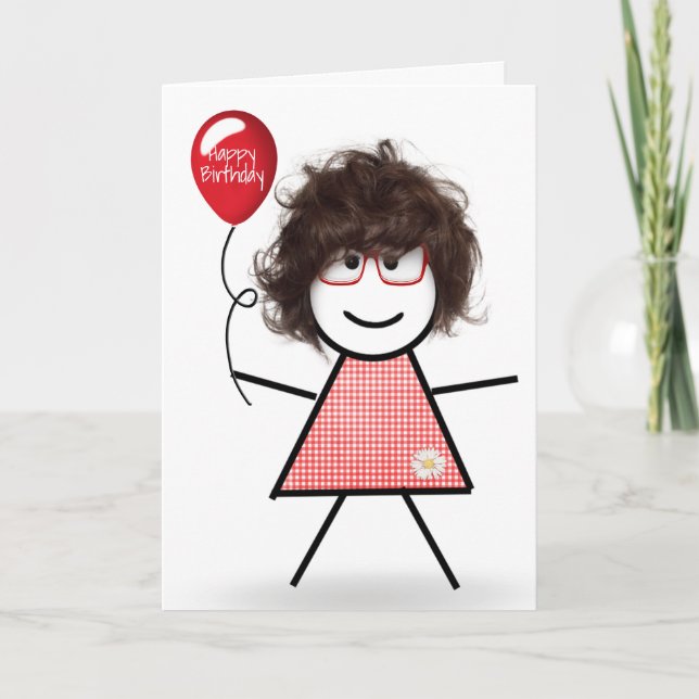 Stick Birthday Gingham Girl mit Red Balloon Karte (Vorderseite)