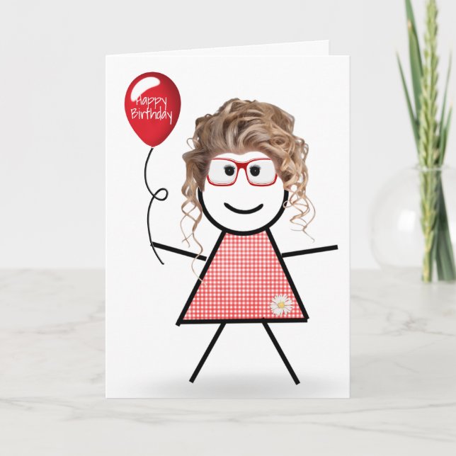 Stick Birthday Gingham Girl mit Red Balloon Karte (Vorderseite)