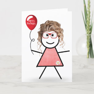 Stick Birthday Gingham Girl mit Red Balloon Karte