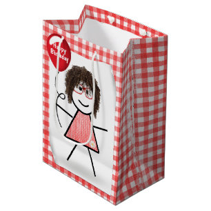 Stick Birthday Gingham Girl mit Red Balloon  Mittlere Geschenktüte