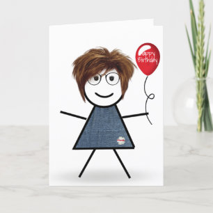 Stick Birthday Girl mit Balloon Karte