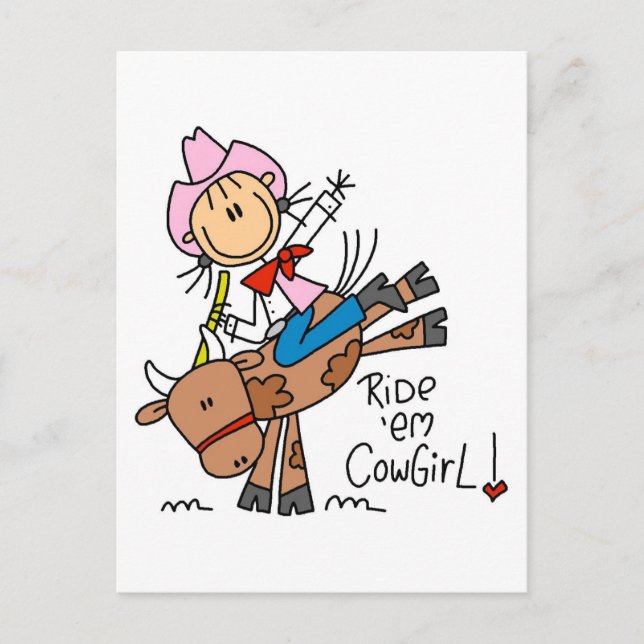 Stick Cowgirl Riding Bull Tshirts und Geschenke Postkarte (Vorderseite)
