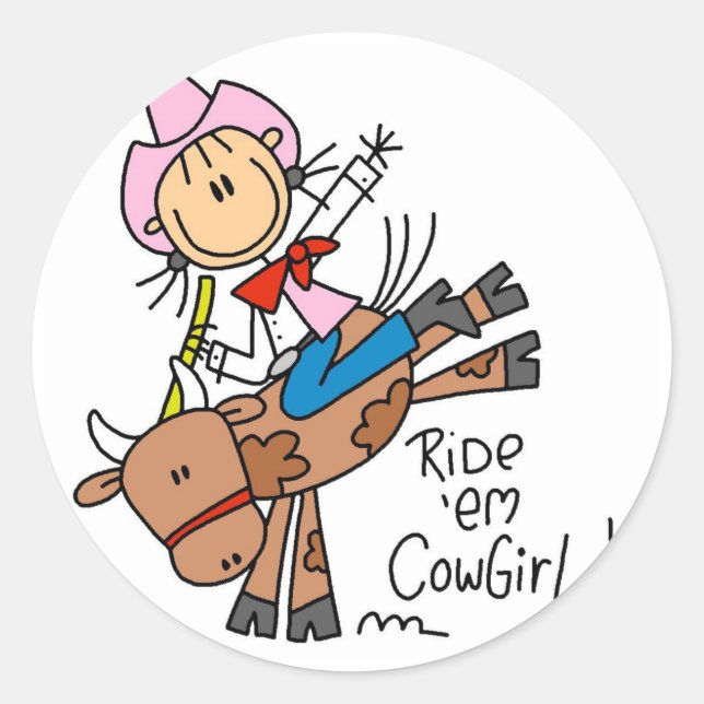 Stick Cowgirl Riding Bull Tshirts und Geschenke Runder Aufkleber (Vorderseite)