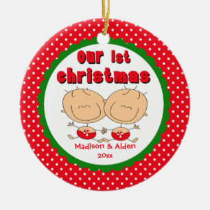 Stick Figure Zwillinge Baby Erstes Weihnachtsbaum Keramik Ornament
