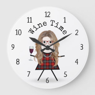 Stick Girl With Wine Glass Große Wanduhr