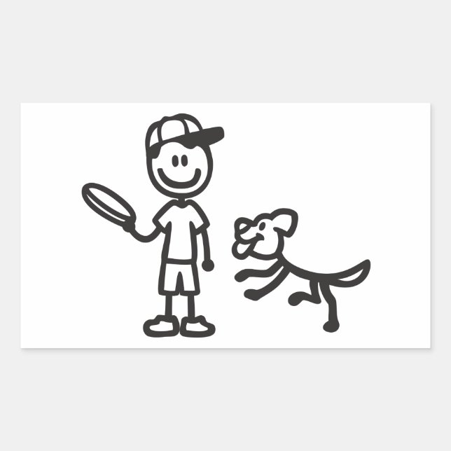 Stick Man and Dog spielt Frisbee Rechteckiger Aufkleber (Vorderseite)