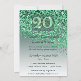 Sticker Chic zum 20. Geburtstag Grüner Glitter Einladung