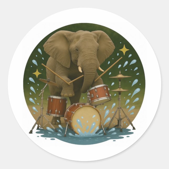 Sticker: Elefant spielt Trommeln in einer Wasserrö Runder Aufkleber (Vorderseite)