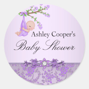 Sticker für Baby Shower mit lila Rosengarten